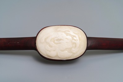 A Chinese jade-embellished wood scepter in display box, Republic, 20th C.