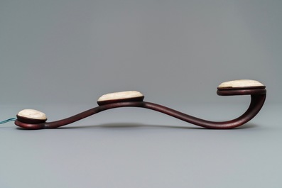 A Chinese jade-embellished wood scepter in display box, Republic, 20th C.