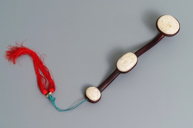 A Chinese jade-embellished wood scepter in display box, Republic, 20th C.