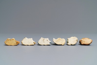 Six Chinese blue, white and celadon biscuit figures, Qianlong