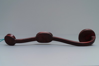 A Chinese jade-embellished wood scepter in display box, Republic, 20th C.