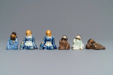 Six Chinese blue, white and celadon biscuit figures, Qianlong