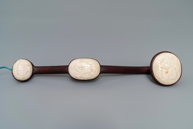 A Chinese jade-embellished wood scepter in display box, Republic, 20th C.
