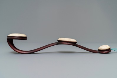 A Chinese jade-embellished wood scepter in display box, Republic, 20th C.