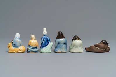 Six Chinese blue, white and celadon biscuit figures, Qianlong
