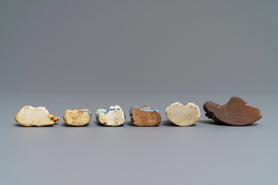 Six Chinese blue, white and celadon biscuit figures, Qianlong