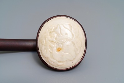 A Chinese jade-embellished wood scepter in display box, Republic, 20th C.