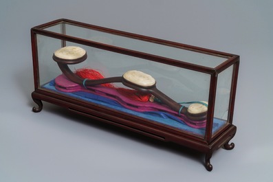 A Chinese jade-embellished wood scepter in display box, Republic, 20th C.