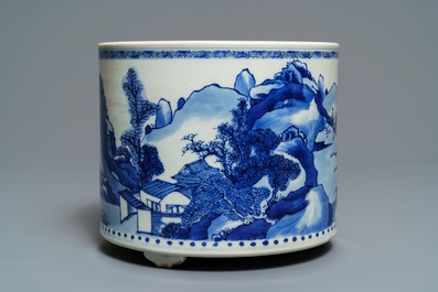 A large Chinese blue and white tripod censer with figures in a landscape, Kangxi