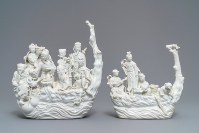 Two Chinese Dehua blanc de Chine groups with immortals on log boats, 19th C.