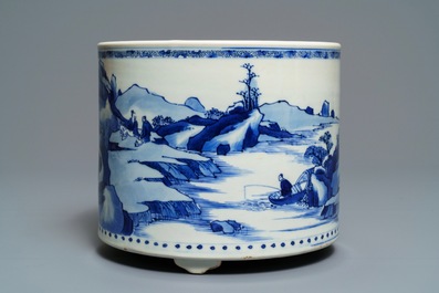 A large Chinese blue and white tripod censer with figures in a landscape, Kangxi