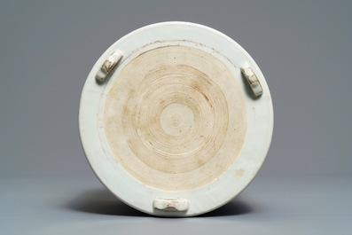 A large Chinese blue and white tripod censer with figures in a landscape, Kangxi