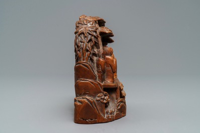 Un groupe en bois sculpt&eacute; figurant des sages dans un jardin, 18/19&egrave;me