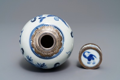 A Chinese silver-mounted blue and white tea caddy and cover, Kangxi