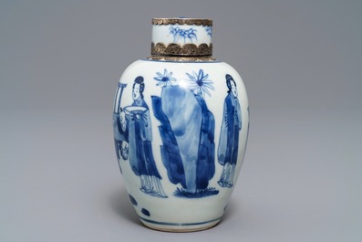 A Chinese silver-mounted blue and white tea caddy and cover, Kangxi