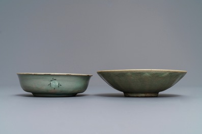 Two Korean celadon porcelain bowls, Goryeo/Joseon, 14/15th C.