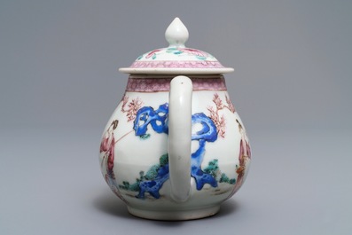 Een fijne Chinese famille rose theepot en een 'Romance of the Western Chamber' bord, Yongzheng/Qianlong