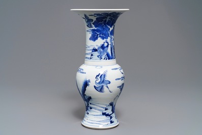 A Chinese blue and white 'deer and crane' yenyen vase, Kangxi