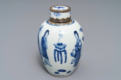 A Chinese silver-mounted blue and white tea caddy and cover, Kangxi