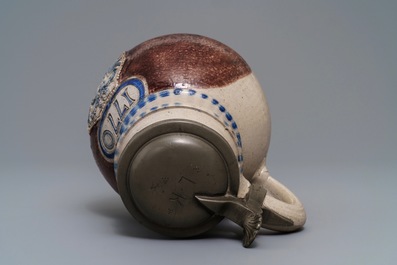 Een Westerwald met tin gemonteerde kan met dubbel adelaarswapen, Duitsland gedat. 1770
