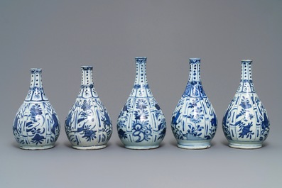 Five Chinese blue and white bottle vases, Wanli