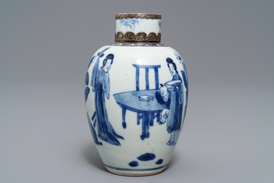 A Chinese silver-mounted blue and white tea caddy and cover, Kangxi