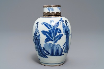 A Chinese silver-mounted blue and white tea caddy and cover, Kangxi