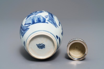 A Chinese silver-mounted blue and white tea caddy and cover, Kangxi