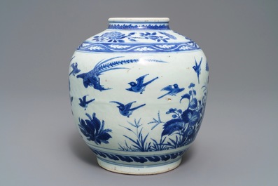 A Chinese blue and white vase with birds among flowers, Wanli