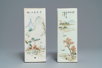 Two square Chinese qianjiang cai hat stands, 19/20th C.