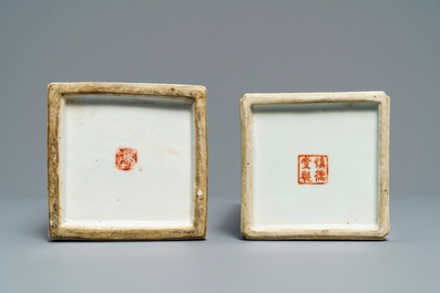 Two square Chinese qianjiang cai hat stands, 19/20th C.
