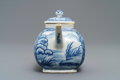 A Chinese blue and white square teapot with nymphs and fish, Kangxi/Qianlong
