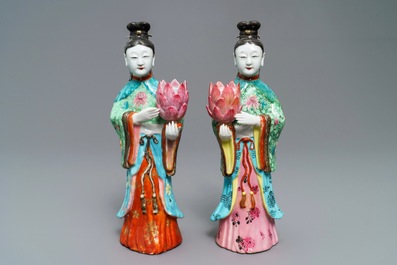 Two Chinese famille rose candle holders modelled as court ladies, Qianlong