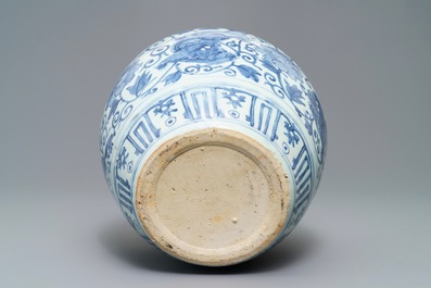 A Chinese blue and white vase with Buddhist lions and peonies, Wanli