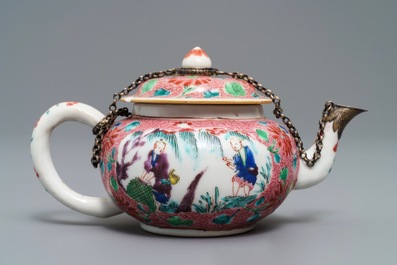 A Chinese famille rose silver-mounted teapot and cover, Yongzheng