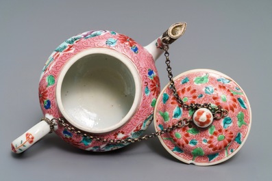A Chinese famille rose silver-mounted teapot and cover, Yongzheng