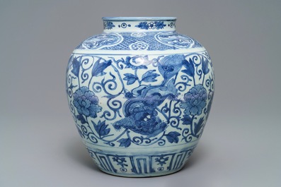 A Chinese blue and white vase with Buddhist lions and peonies, Wanli