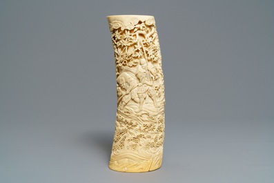A large Japanese carved ivory brush pot, Meiji, 19th C.