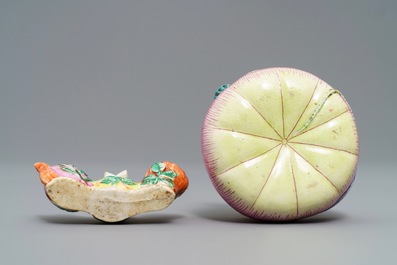 A Chinese famille rose flower-shaped brush washer and a brush rest, 19th C.