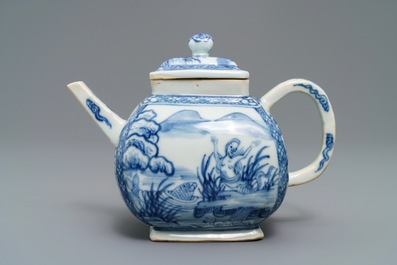 A Chinese blue and white square teapot with nymphs and fish, Kangxi/Qianlong