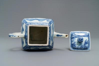 A Chinese blue and white square teapot with nymphs and fish, Kangxi/Qianlong