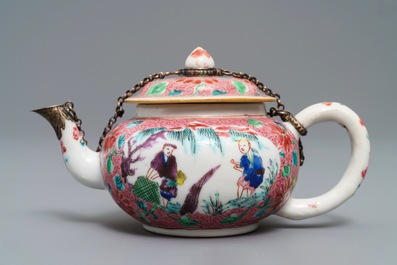 A Chinese famille rose silver-mounted teapot and cover, Yongzheng