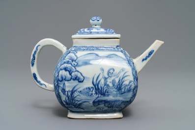A Chinese blue and white square teapot with nymphs and fish, Kangxi/Qianlong