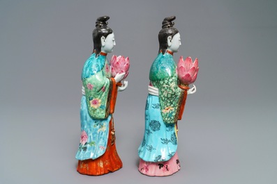 Two Chinese famille rose candle holders modelled as court ladies, Qianlong