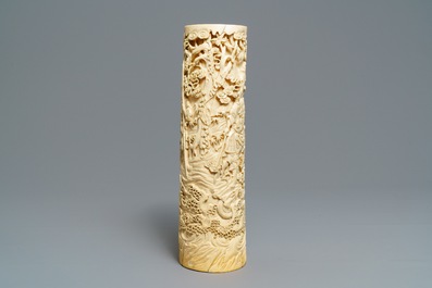 A large Japanese carved ivory brush pot, Meiji, 19th C.