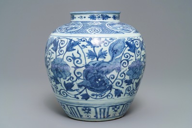 A Chinese blue and white vase with Buddhist lions and peonies, Wanli