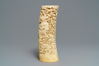 A large Japanese carved ivory brush pot, Meiji, 19th C.