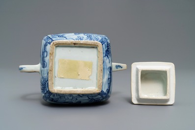A Chinese blue and white square teapot with nymphs and fish, Kangxi/Qianlong