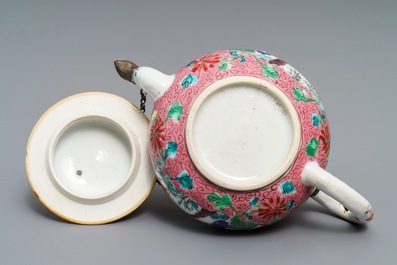 A Chinese famille rose silver-mounted teapot and cover, Yongzheng