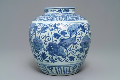 A Chinese blue and white vase with Buddhist lions and peonies, Wanli
